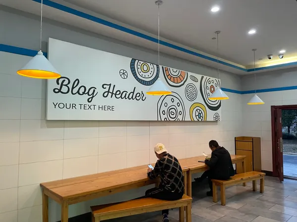 A restaurant poster that still reads “Blog Header” and “YOUR TEXT HERE”